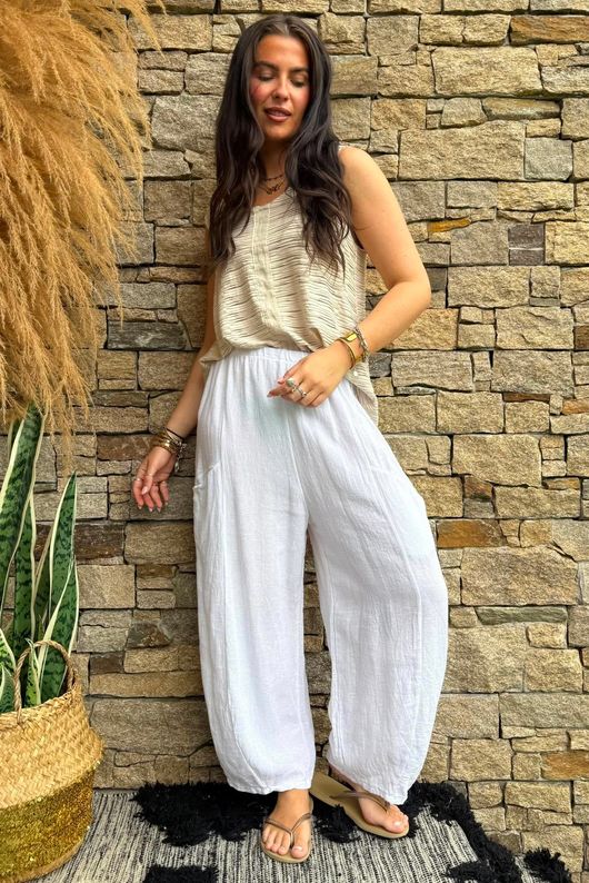 Lina Linen Blend Barrel Pant White